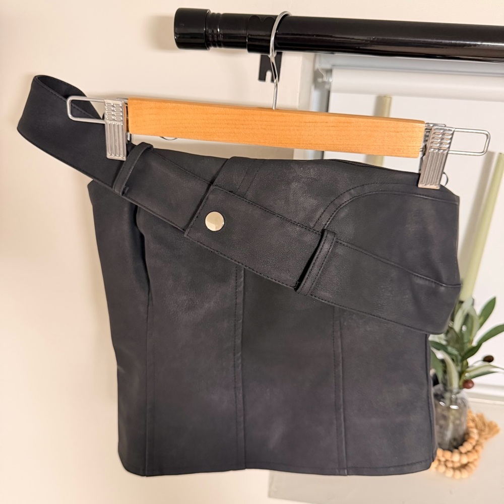 Pretty Little Thing Black Faux Leather Folded Asymmetrical Top NEW